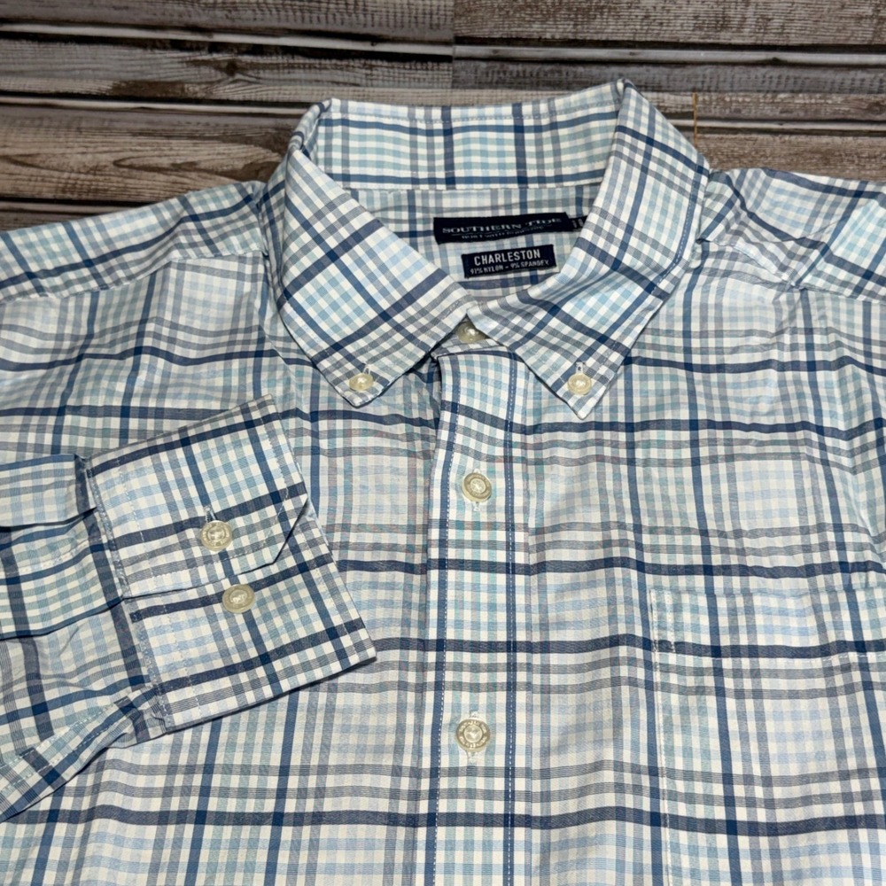 Southern Tide Charleston Button Down‎ Large Blue Plaid Performance Long Sleeve